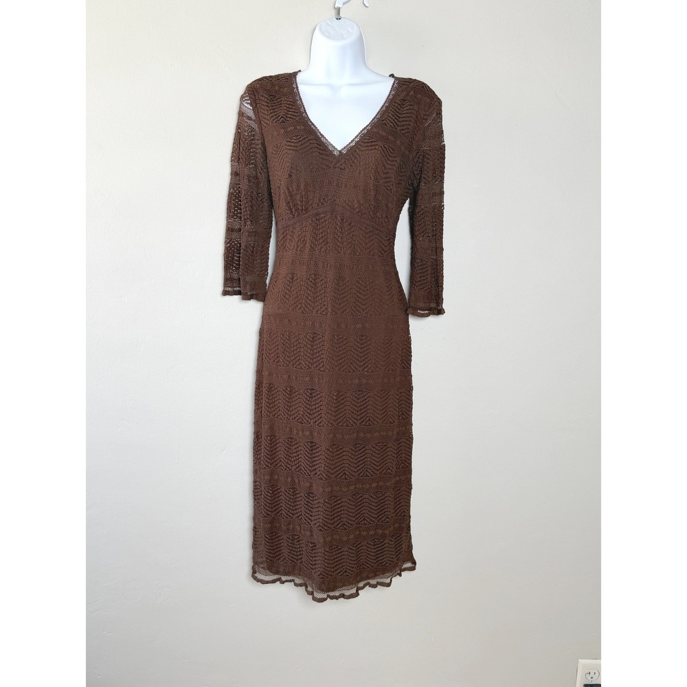 Rabbit‎ Rabbit Rabit Designs Sheath Dress 6 Brown Midi Chevron Lace V-Neck Boho